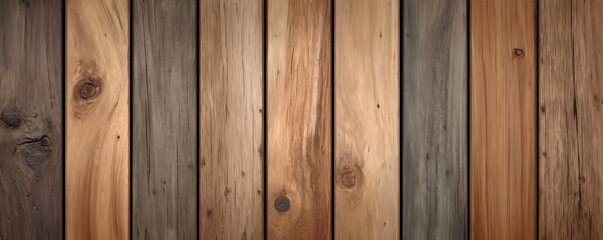Fototapeta premium A close-up view of various wooden planks with different tones and natural grain textures arranged vertically.