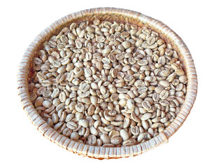 Fresh unroasted coffee beans or green arabica coffee beans . A bowl of unroasted light brown coffee...