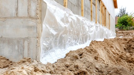Building construction with cinder blocks and plastic sheeting next to piles of dirt
