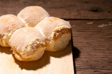 Modern bakery with many ingredients such as wheat flour, sugar, eggs, grains, fruit, butter, milk.