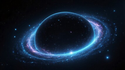 Fototapeta premium Digital artwork depicting a black hole surrounded by a swirling galaxy with blue and purple hues, set against a starry backdrop.