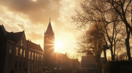 Fototapeta premium Sunset Glow over Dutch Canal Town.