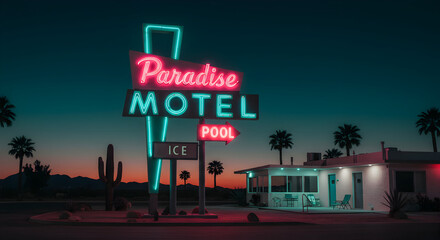 Retro Paradise: Nostalgic Motel Scene With Neon Lights Under Twilight Sky
