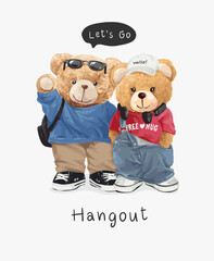 cute bear doll couple in fashion outtfit vector illustration