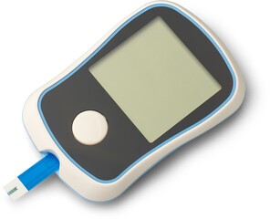 blood glucose meter with test strip inserted isolated white background, medical device in top view with blank LCD screen, ready for drop of blood
