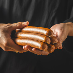 A person is holding a bunch of smoked chicken hot dogs in their hand