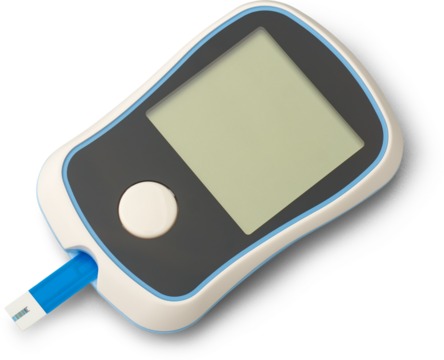 blood glucose meter with test strip inserted isolated white background, medical device in top view with blank LCD screen, ready for drop of blood