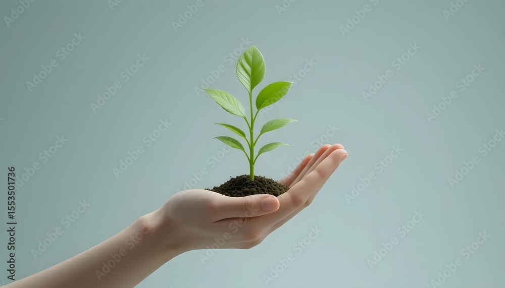 Poster hand holding seedling with soil on soft background for growth concept