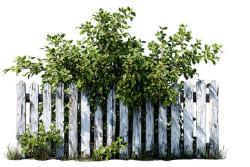 Fototapeta premium Overgrown white picket fence with green bushes.