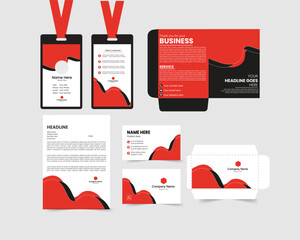 Modern Red and Black Brand Identity Design Set – Corporate Stationery Template with ID Card, Letterhead, Business Card & Envelope – Vector