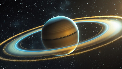 Saturn planet with glowing particle rings and smooth gradients, cinematic deep space composition with high visual contrast.