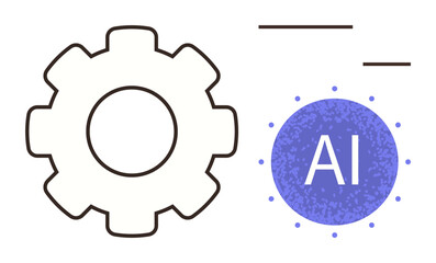 Gear outline alongside a purple AI sphere with dots, suggesting technology, automation, and innovation. Ideal for machine learning, automation, progress, digital transformation, analytics AI