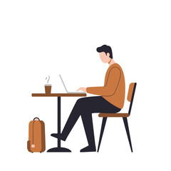 Man with a laptop in a cafe, flat design vector, transparent background. Remote work, casual business, freelance, digital lifestyle, connectivity. Ideal for apps, web, coworking