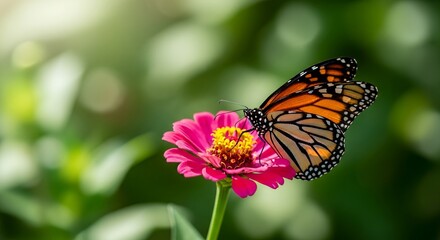 Fototapeta premium Monarch Butterfly on Zinnia: A Summer's Day Delight