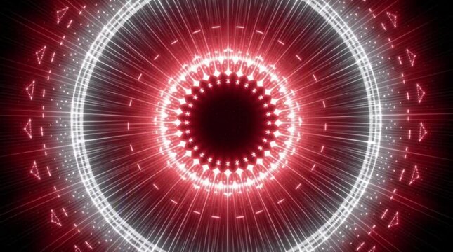 Abstract geometric video footage with pulsating red and white circles on black background,