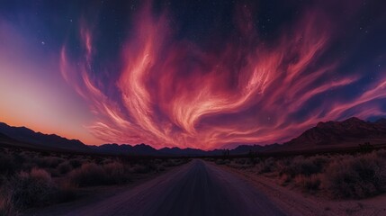 Fototapeta premium Vibrant pink clouds swirl above a desert road at twilight, mountains in the background under a starry sky.