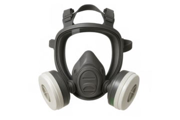 Full face respirator mask with filters providing safety and protection against hazardous materials, isolated on transparent background