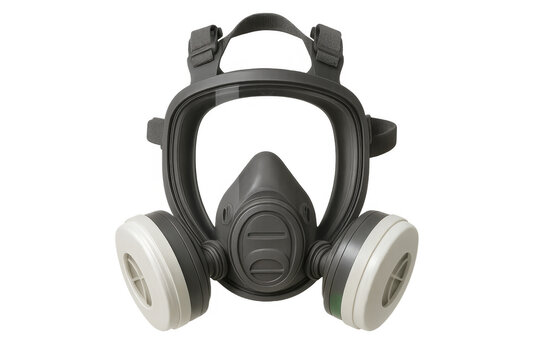 Full face respirator mask with filters providing safety and protection against hazardous materials, isolated on transparent background - Powered by Adobe