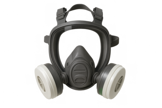 Full face respirator mask with filters providing safety and protection against hazardous materials, isolated on transparent background - Powered by Adobe