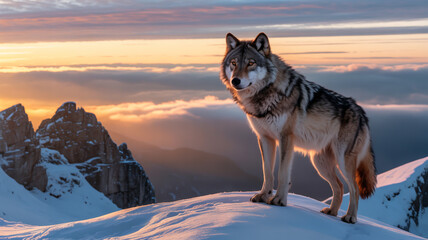 Naklejka premium A wolf standing on a snowy mountain peak during a colorful sunset with cloudy skies in the background