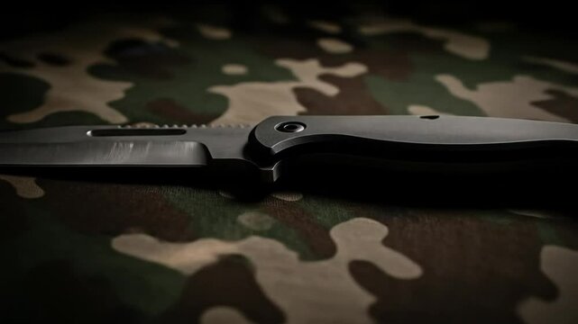 Tactical Folding Knife on Camouflage Background