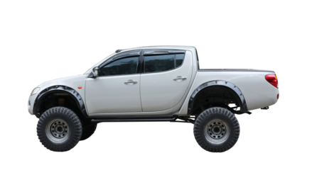 Side view of 4 silver colored pickup truck on transparent background