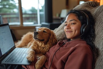 Woman relaxing on sofa with dog and laptop, listening to music