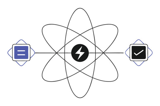 Electrons zipping between options in a stylized atom shaped flowchart of business decisions