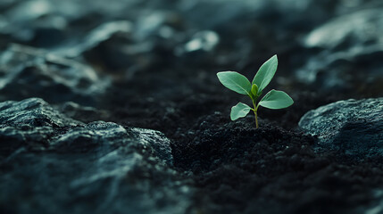 Small Green Plant Sprouting From Dark Soil Between Rocks