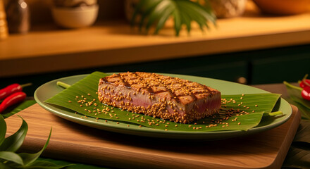 Seared Tuna Steak Coated In Sesame Seeds On The Leaf Plate