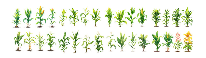 Pack of Corn Plant Growth Stages A Collection of Watercolor Illustrations Showing Maize Development from Seedling to Mature Plant against transparent Background