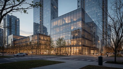 Obraz premium Striking urban street view at dusk showcasing modern glass skyscrapers with illuminated interiors, bare trees, and passing cars, reflecting contemporary architecture and city life in a metropolitan ar