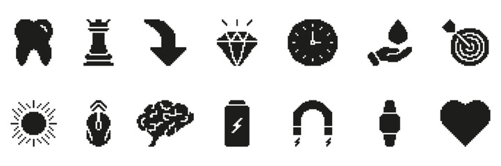 Pixel Art Icon Set Featuring Tooth, Chess Rook, Arrow, Diamond, Clock, Water Drop, Target, Sun. Diverse Retro Symbol Collection For Various Applications. Isolated Vector Illustration