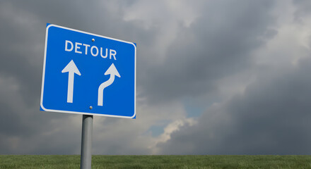 Navigational Guidance Detour Sign Under Dramatic Cloudy Skies On Grassy Landscape
