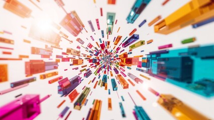 Dynamic abstract background of colorful translucent rectangular blocks exploding outwards from a bright central light source, creating a sense of energy, innovation, and digital transformation.