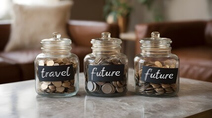 Savings jars labeled  travel   education  and  future  on a table