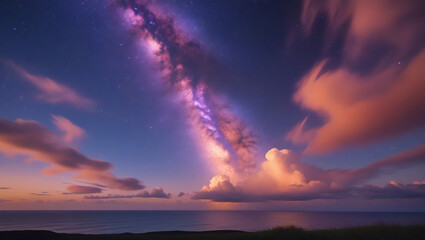 Fototapeta premium Night seascape with glowing nebula for peaceful atmosphere projects. Great for relaxation themes, inspirational graphics, and beautiful photography.