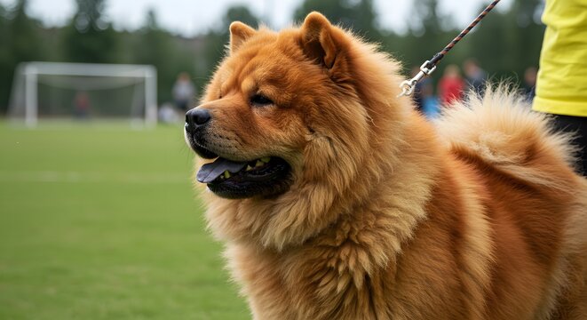 Field Royalty: Leashed Chow Chow in Sunny Grassy Park - Powered by Adobe