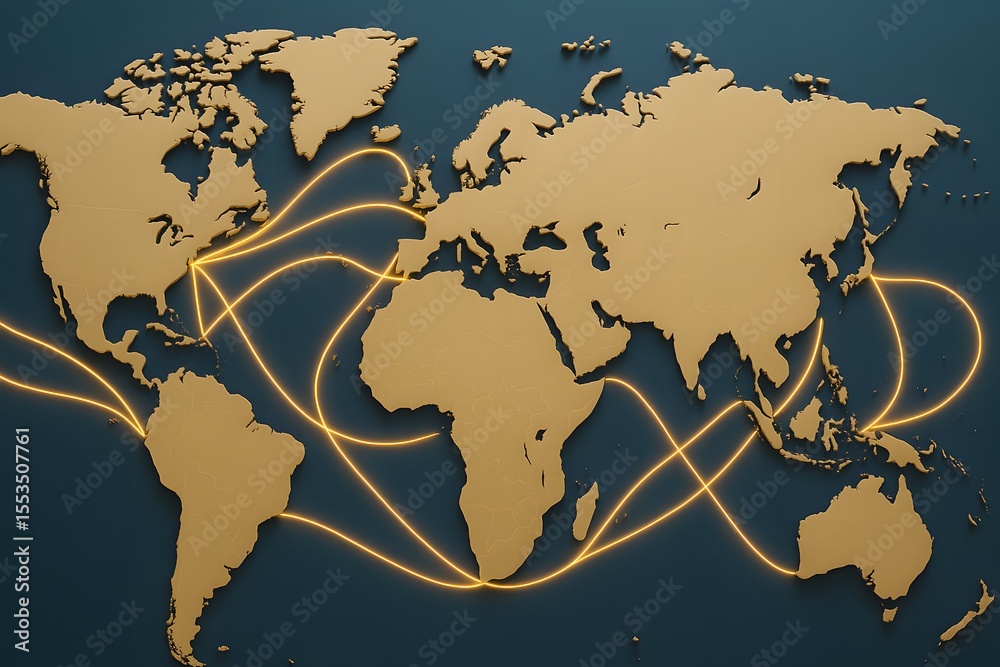 Poster World Map with Golden Design and Dynamic Connectivity Lines