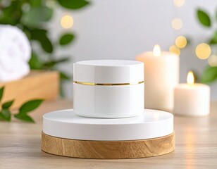 Mockup of skin care product in white cosmetic jar against candles and green foliage. Calm, minimalist spa atmosphere