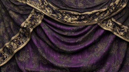 Ornate purple drape with golden trim and textured fabric, full of folds