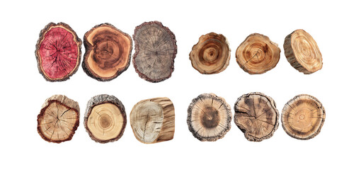 Pack of Collection of Wood Cross Sections Diverse Textures and Colors for Craft Projects against transparent Background