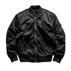 Sleek black bomber jacket made from shiny material, featuring zip closure and side pockets, perfect for casual wear and stylish layering