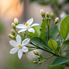 Obraz premium a delicate white flower with green leaves and a cluster of smaller buds ,