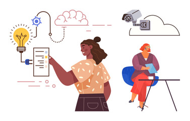 Two women interact with technology concepts, including idea generation, cloud computing, automation, and security systems. Ideal for technology, innovation, teamwork, security networking learning
