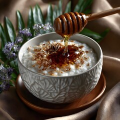 Warm Rice Pudding Drizzled with Golden Honey