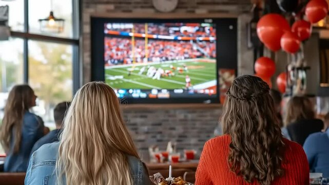 Friends watching football game at bar.