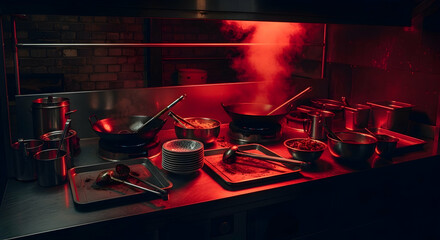 Culinary Station Radiating Heat In The Heart Of Restaurant Interior