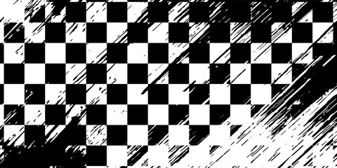 Naklejka premium Race flag grunge background, car rally or motocross finish flag with vector checker pattern. Grunge race flag for car racing sport or bike speedway, motorsport