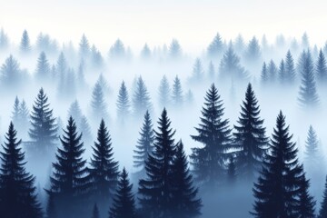 Fototapeta premium Detailed blue silhouettes of coniferous trees are set against a modern misty forest landscape in this seamless pattern